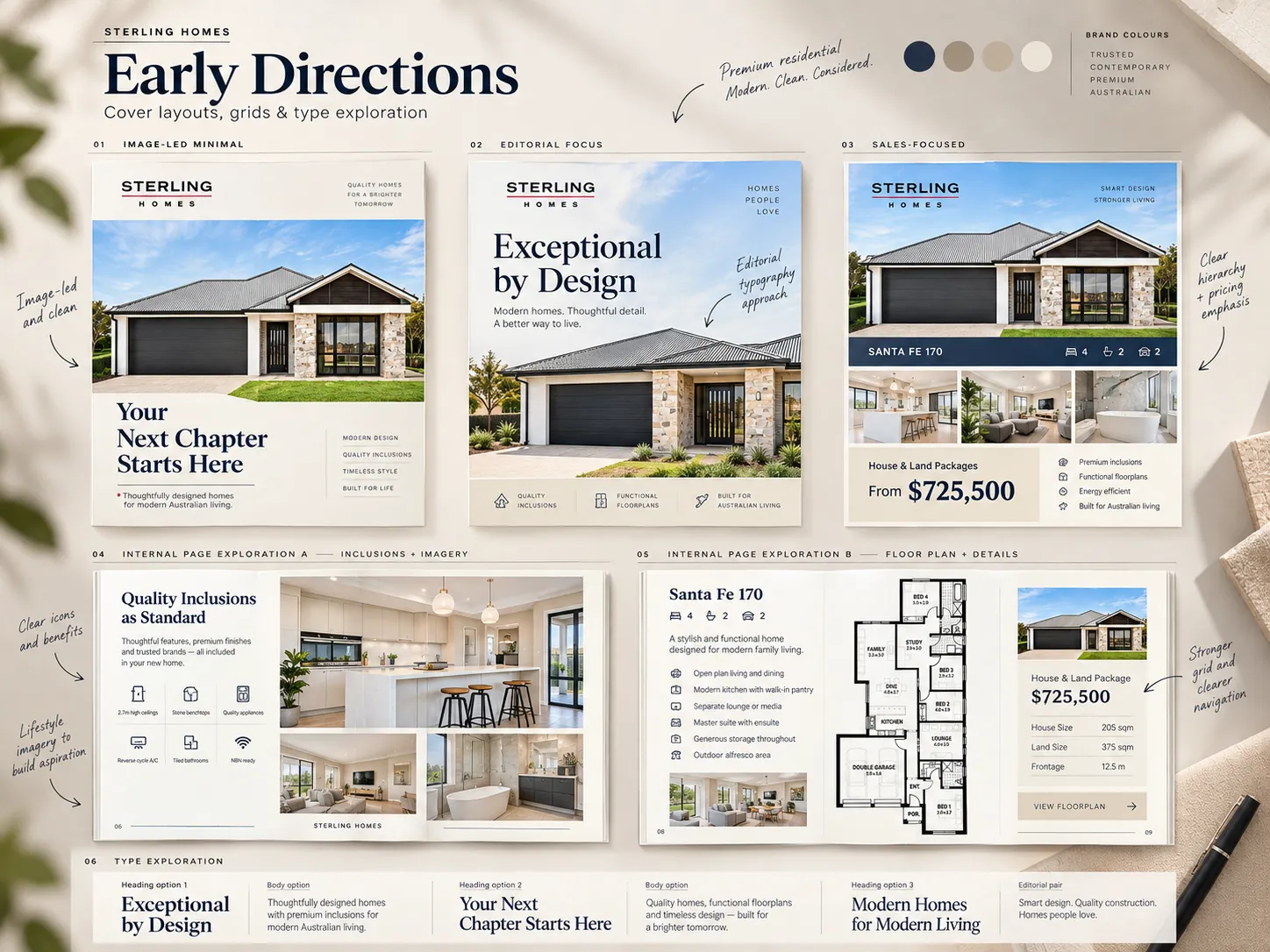 Sterling Homes — Early directions — image-led, editorial and sales-focused routes, internal page studies and type pairings
