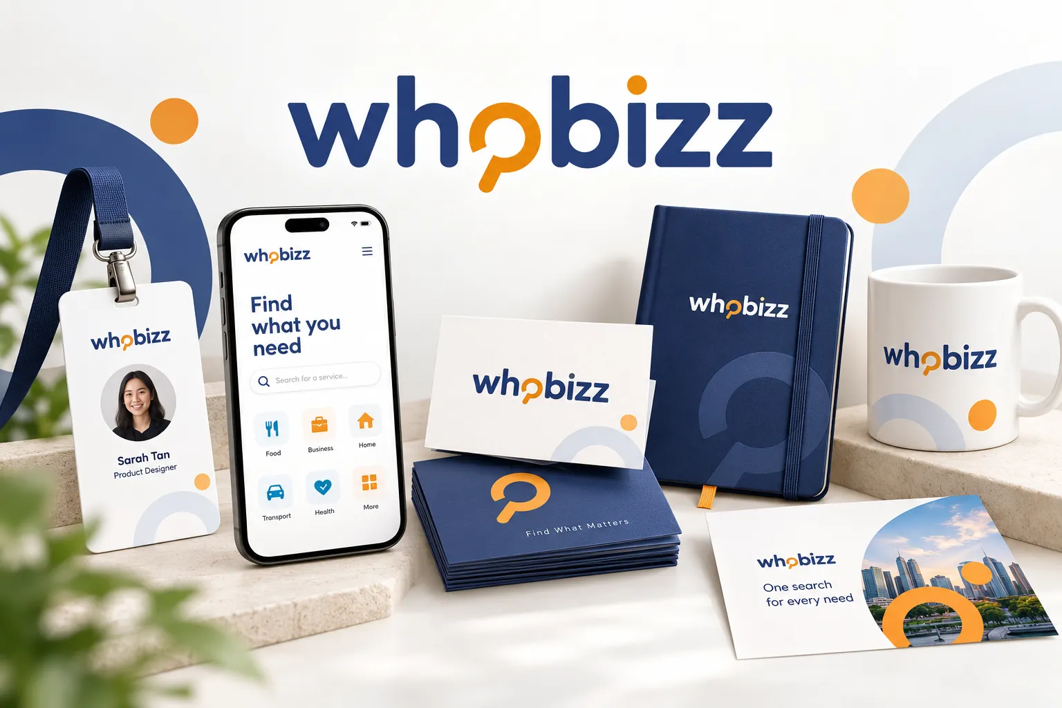 WhoBizz identity across app, ID card, stationery and merchandise
